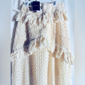 Elegant Cream Lace Textured Maxi Skirt with Fringe